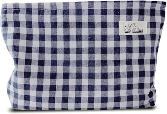 HAPPYHEIDI Navy Blue Gingham Cotton Makeup Bag Cosmetic Toiletry Travel Pouch, Tote Purse Organizer, Zipper Closure, Canvas Lined