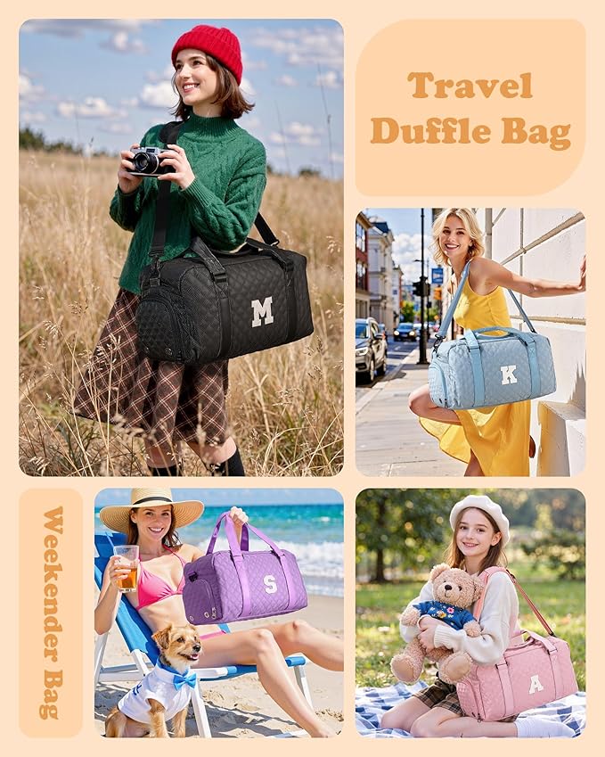 Initial Travel Duffle Bag Women Girls Gift: Personalized Weekender bags, Dance Cheer bag Sports for Girl, Kid Gymnastics Bags, Birthday Gifts for Women Girls Kids Teens Mom Teacher