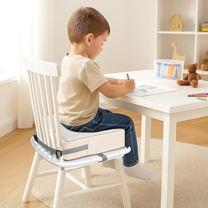 Toddler Booster Seat Dining Table Kitchen Chair, Waterproof Anti-Scratch PU Cushion, Non-Slip Bottom, Adjustable Buckle Straps, Easy Clean Portable Seat Cushion (Grey+White)