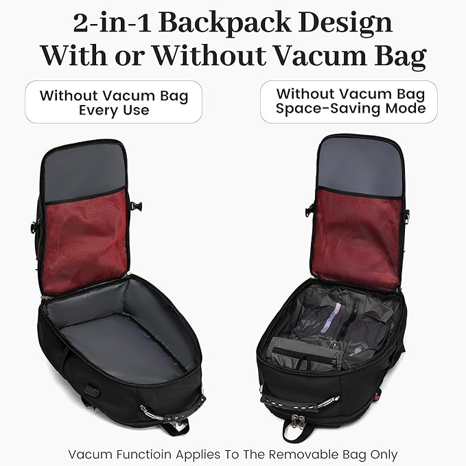 Boavan Vacuum Seal Backpack for Travel with Pump, 55L Large Bag with Zipper‑Off Detachable Vacuum Compression Bag Waterproof Carry On Large Travel Bag for Airline，Bags and Backpack Used Independently
