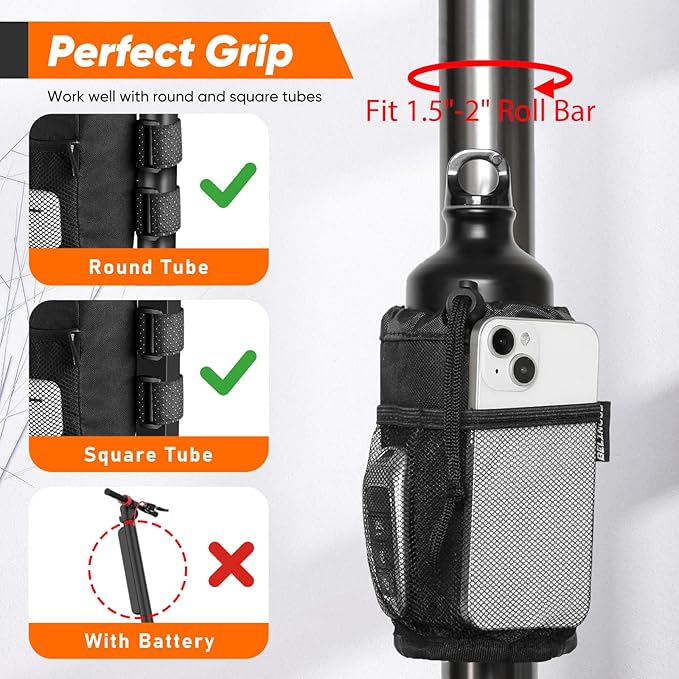 Belinous 2 Pack Bike Water Bottle Holder for 8-24oz Bottles, Roll Bar Cup Holder for UTV Wheelchair Walker Bike Golf Cart Scooter and Boat, Drink Holder with Net Pockets and Velcro Starps