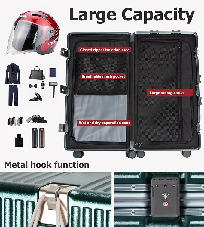 feilario 30in Super Large Captain Aluminum Frame Hardside Spinner Wheels Luggage, Removable Wheels Zipperless Checked Suitcase with Cup Holder/Phone Holder (Forest Green,30in)