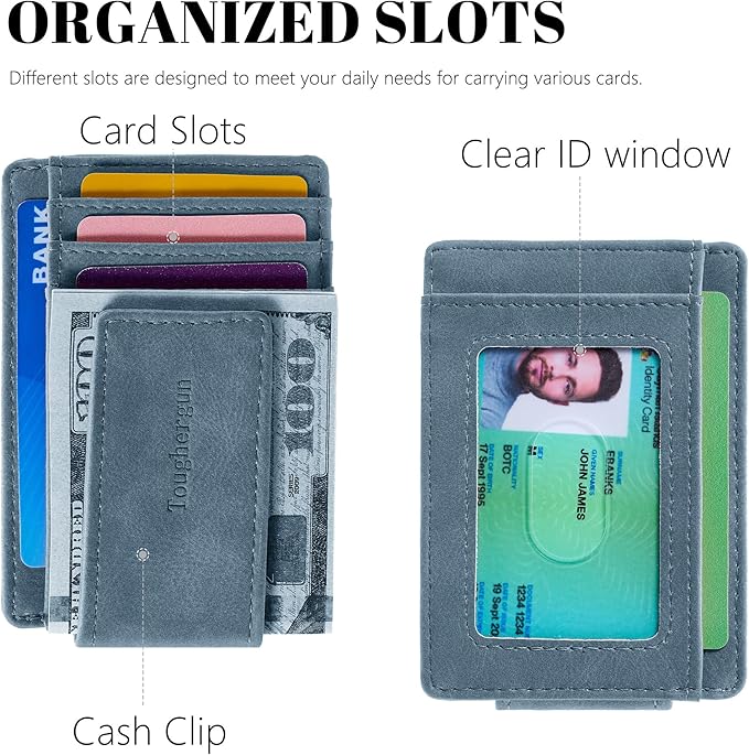 Toughergun Slim Wallet for Men RFID Blocking Money Clip, Minimalist Front Pocket Credit Card Holder, Magnetic Thin Mens Wallets with ID Window