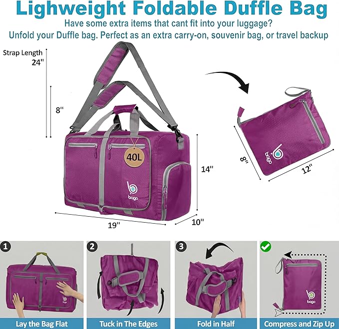 Bago Compact Duffle Bag for Travel Women & Men. Durable Lightweight Foldable Travel Duffel Bags For Traveling Women. 40L Duffle Bags a Reliable Weekender duffel or Overnight Bag With Shoe Compartment