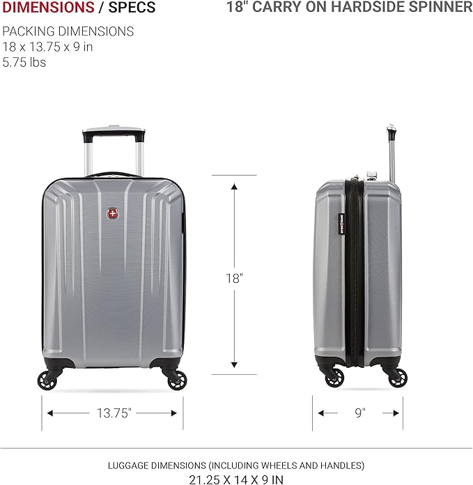 SwissGear 3750 Hardside Luggage with Spinner Wheels, Silver, Carry-On 18.5-Inch