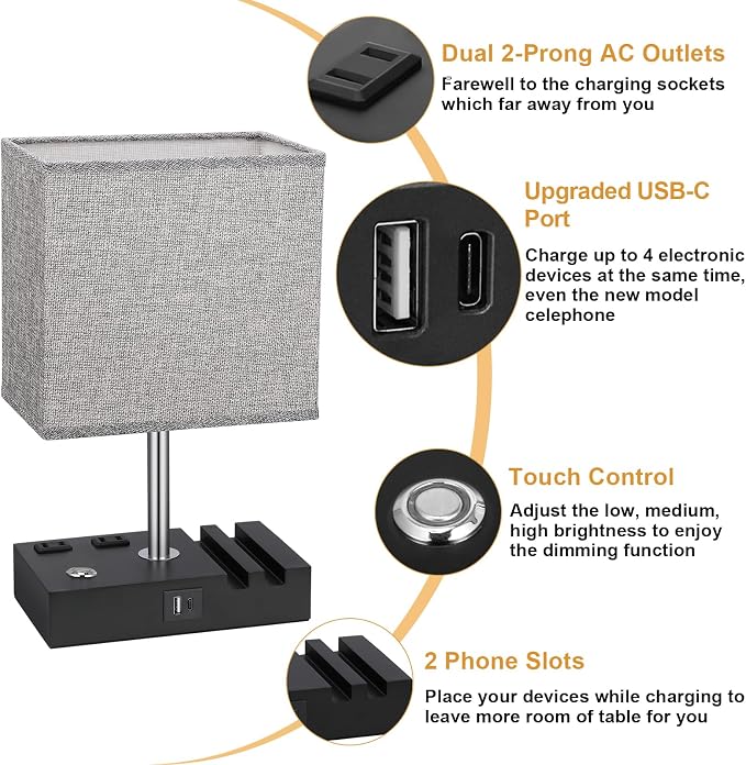 Touch Bedside Table Lamp for Bedroom, 3-Way Dimmable, USB C+A, 2 AC Outlets | Base Touch Button Only, USB C+A Ports, 2 Phone Stands, LED Bulbs Included, Rectangle Grey Lampshade, for Living Room, Desk