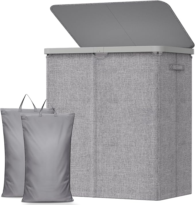 Lifewit 145L Large Laundry Basket with Lid, Laundry Hamper with Plastic Handles and Removable Bag, Foldable Tall Dirty Clothes Hampers for Laundry for Laundry Room, Bedroom, Bathroom, Dorm, Light Gray