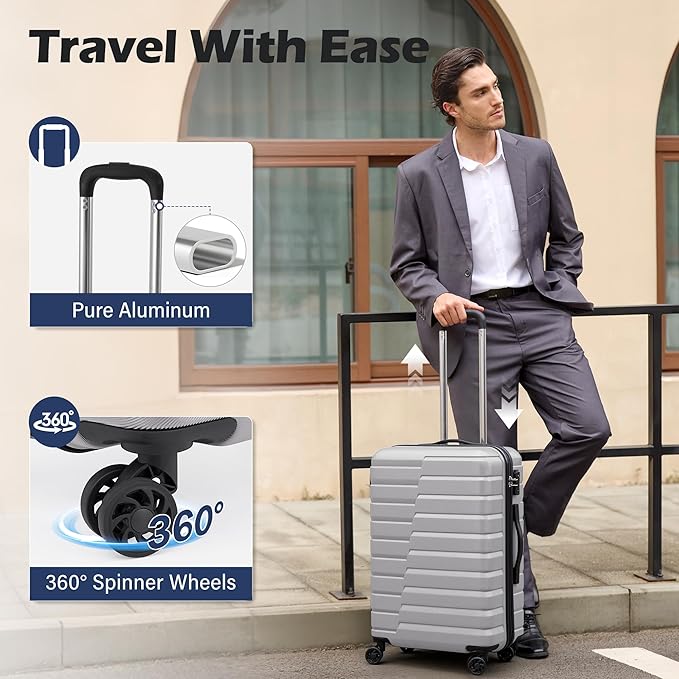 Coolife Medium Checked Luggage with Spinner Wheels, Hardside Suitcase TSA Lock Lightweight Travel Luggage 24-inch,Silver