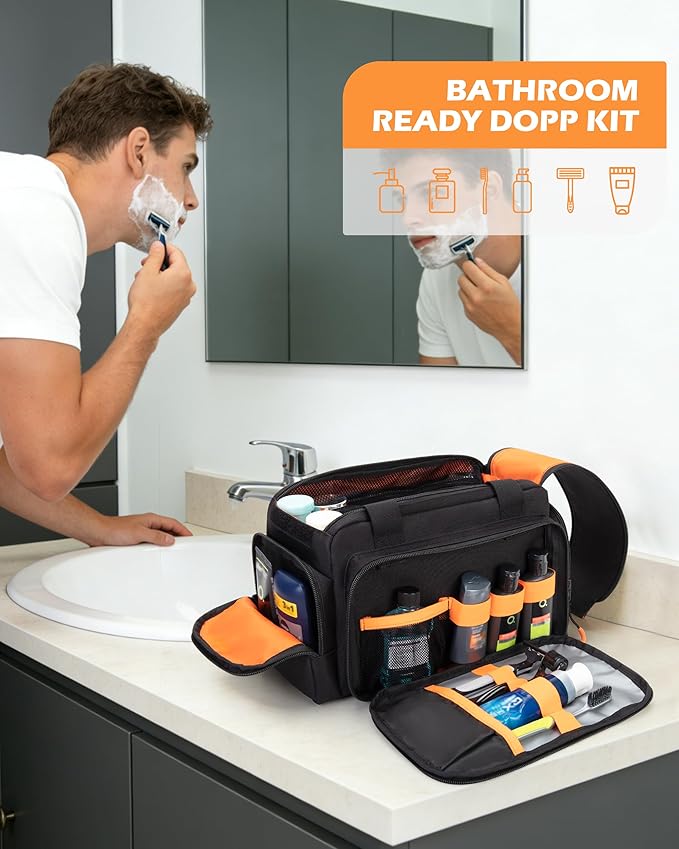 Tactical Travel Toiletry Bag for Men, Extra Large Dopp Kit Organizer with Dual Way Zippers, Travel Hygiene Bag for Shaving Grooming Bathroom Essentials, Black (Empty Bag)