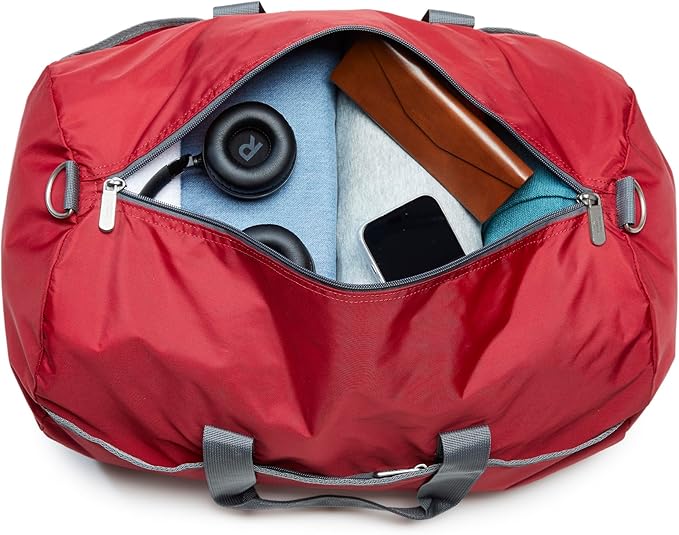 Amazon Essentials Lightweight Nylon Duffel Bag with Zippered Pockets, 20-inch, 30 lb Capacity, Red (Previously Amazon Basics)