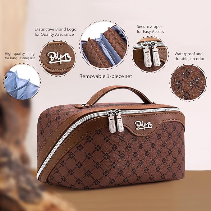 BOYATU Travel Makeup Bag Cosmetic Bags for Women: 3 Pcs Set Large Capacity Make up Bag with Handle - Vegan Leather Toiletry Bags with Compartments - Makeup Organizer for Travel Essentials(A-6-Brown)