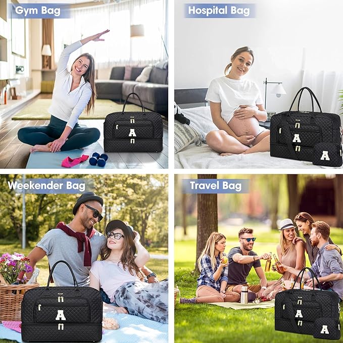 Initial Travel Duffle Bag for Women - Black Personalized Weekender bags Overnight Bag with Shoe Compartment & Wet Pocket Weekend Tote Bags with Toiletry Bag Monogram Christmas Gifts (Letter A)