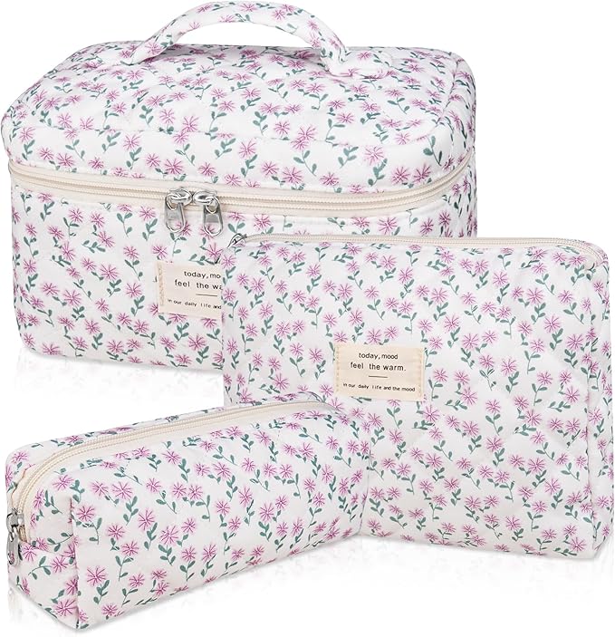 Makeup Bag Set, Quilted Makeup Bag, Large Floral Cosmetic Bag for Women, Cute Cotton Makeup Bags, Flower Travel Toiletry Organizer Bag (Purple Flower)