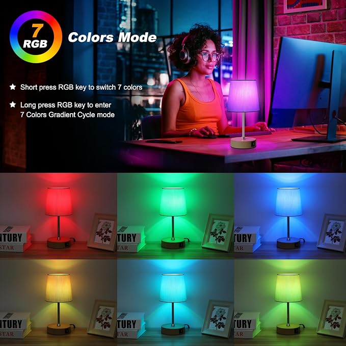 Ascher Small Bedside Table lamp Set of 2, RGB Color Changing Lamps, 3 Color Temperatures, Stepless Dimmable, Nightstand Lamp with USB C+A Ports for Bedroom Living Room, (Grey Shade, Wood Grain Base)
