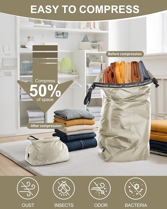 Travel Laundry Bag, Pump-free Vacuum Compression Dirty Clothes Bag, Large Reusable Waterproof & Washable Laundry Bag, Wet and Dry Bag, Ideal for Suitcases, Laundromats (1 Pack) Gray