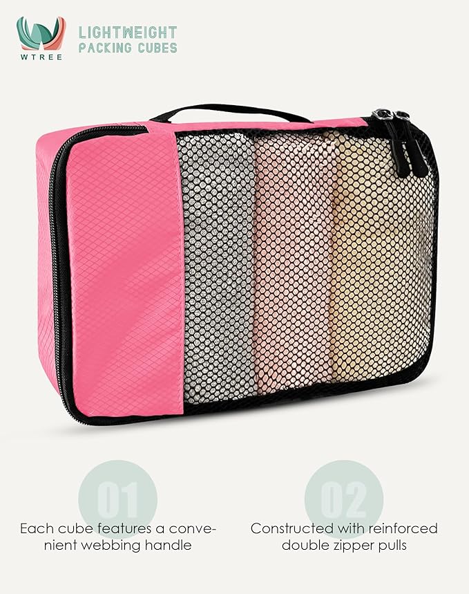 4-Piece Packing Cubes Travel Accessories Set for Suitcases - Luggage Organizer Bags with Double Zipper - Mesh Top - Small - Pink