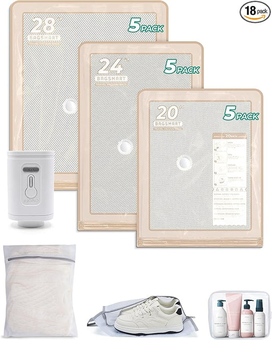 BAGSMART Vacuum Storage Bags with Portable Pump, Travel Space Saver Bags for Clothes, Heavy Duty Compression Bags for Storage, Vacuum Seal Bags with Hand Pump, Travel Essentials for Packing-Khaki