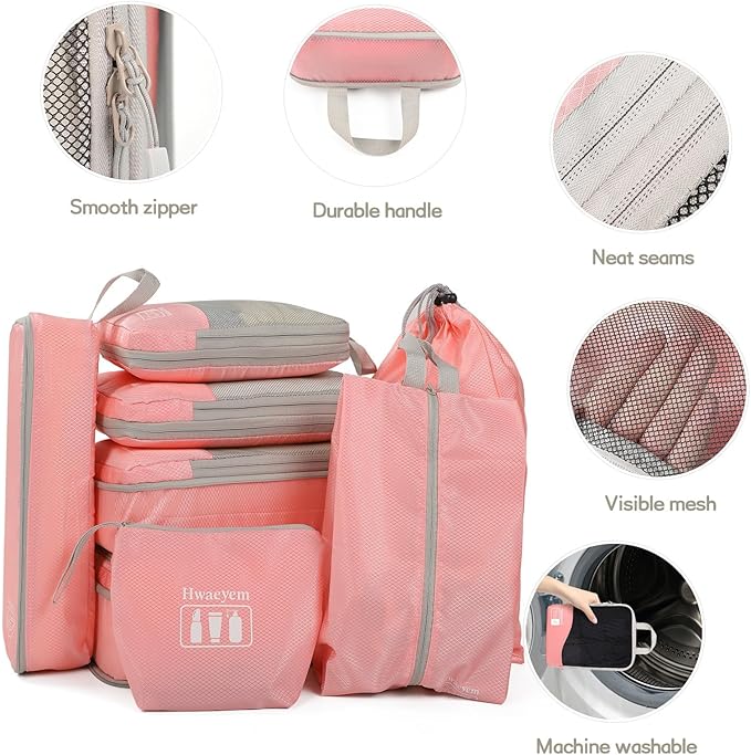 Compression Packing Cubes 8 Set, Dual Zipper Compression Packing Cubes for Travel, See-Through Mesh Packing Bags for Suitcases, Compression Travel Cubes with Shoe Bag (Pink)