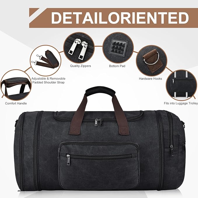 Felipe Varela 60L Duffle Bag for Men, Large Canvas Expandable Duffle Bag for Travel, Mens Carry on Luggage Weekender Gym Overnight Duffel Bags for Traveling, Black
