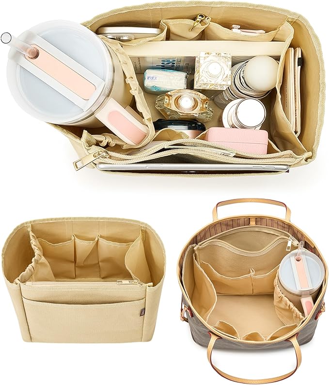 TOVICE Tote Bag Organizer Insert with Stanley Cup Holder and Zipper Bag, Compatible with Neverfull, Saint Louis and More, 9 Pockets (Beige, X-Large)