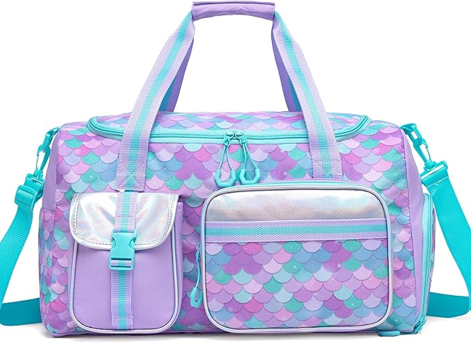 Mermaid Kids Duffle Bag Girls Gym Bag for Girls Kids Travel Dance Bags for Girl Overnight Weekender Bags for Kid with Shoe Compartment