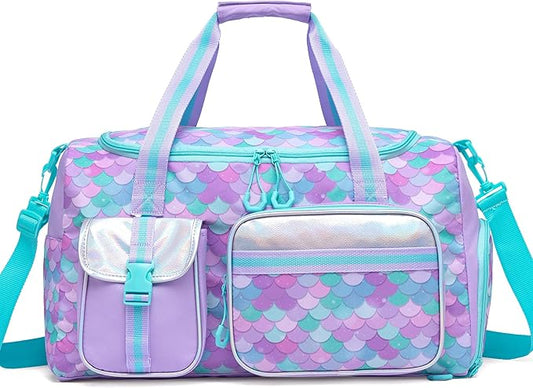 Mermaid Kids Duffle Bag Girls Gym Bag for Girls Kids Travel Dance Bags for Girl Overnight Weekender Bags for Kid with Shoe Compartment
