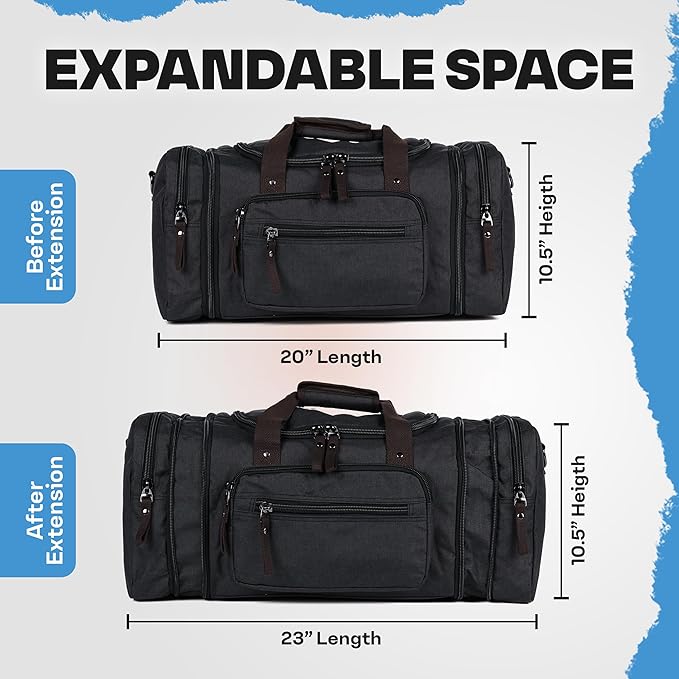 Duffle Bag for Travel 20–23” Expandable (40L) – Lightweight Water-Resistant Carry On Weekender with Multiple Pockets & Shoulder Strap – Airline Approved Travel Duffel Bags for Men & Women - BLACK