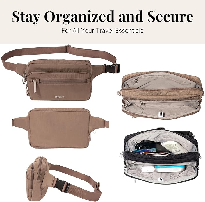 Baggallini Securtex Anti-theft Belt Bag 8.8"x5.5" Crossbody Fanny Pack for Women RFID Wallet Locking Zipper Travel Purse