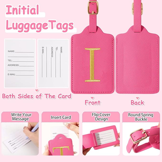 Initial Letter Luggage Tags for Suitcases, Embroidered Monogrammed Suitcase Luggage Identifier Name Tag, PU Leather TSA Approved Luggage Tags, Bag Tags for Men Women Kids Luggage Handbags(Rosered I)