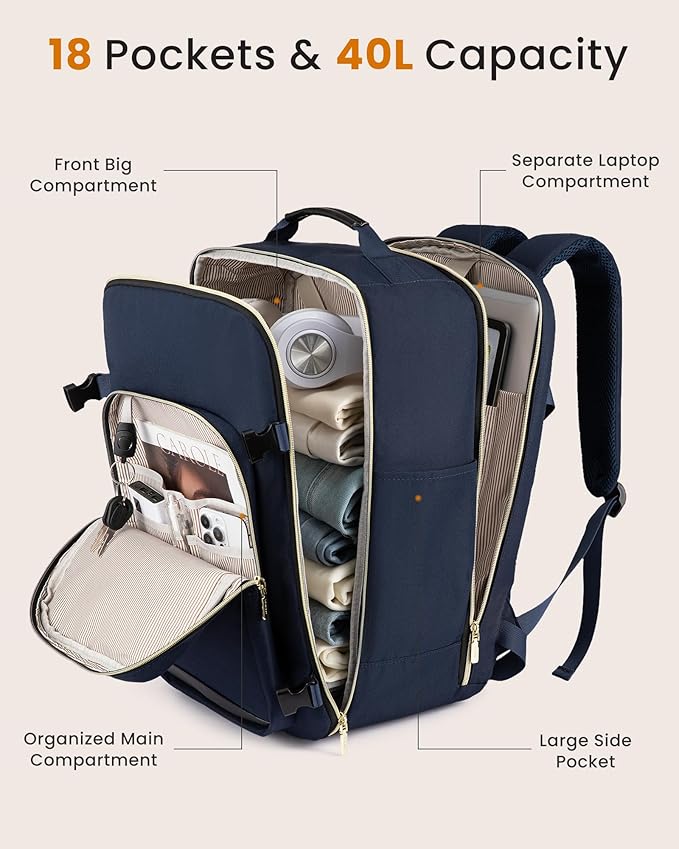 LOVEVOOK 40L Large Travel Backpack for Women, Carry on Backpack Airline Approved, Waterproof Travel Essentials fits 18" Laptop, TSA Personal Item Travels Bag Sports Backpack with 3 Packing Cubes