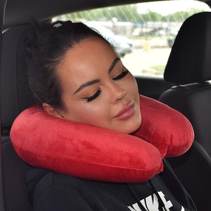 Wolf Essentials Adult Cozy Soft Microfiber Neck Pillow for Travel – Compact, Machine Washable - Perfect for Airplane, Car, or Home Use - Filled and Finished in The USA – Red