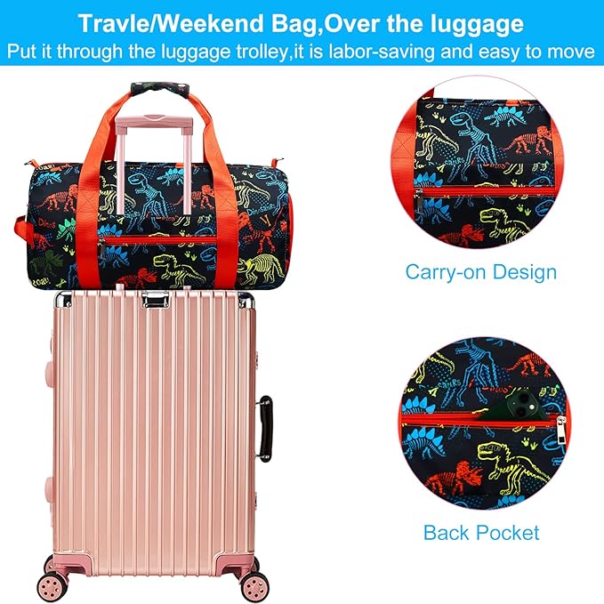 Gym Travel Duffle Bag for Boys - Sports Dance Bag with Shoe Compartment & Wet Pocket Binosaur Kids Travel Bag Teens Weekender Sleepover Carry On Bag