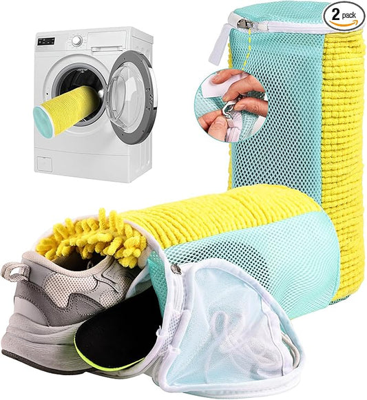 Shoe Washing Machine Bag Reusable Sneaker Washing Bag with Built-in Fluffy Brushes for 360° All-Around Cleaning. Laundry Shoe Bag is Designed for Washer and Dryer （Yellow 2pcs Pro）