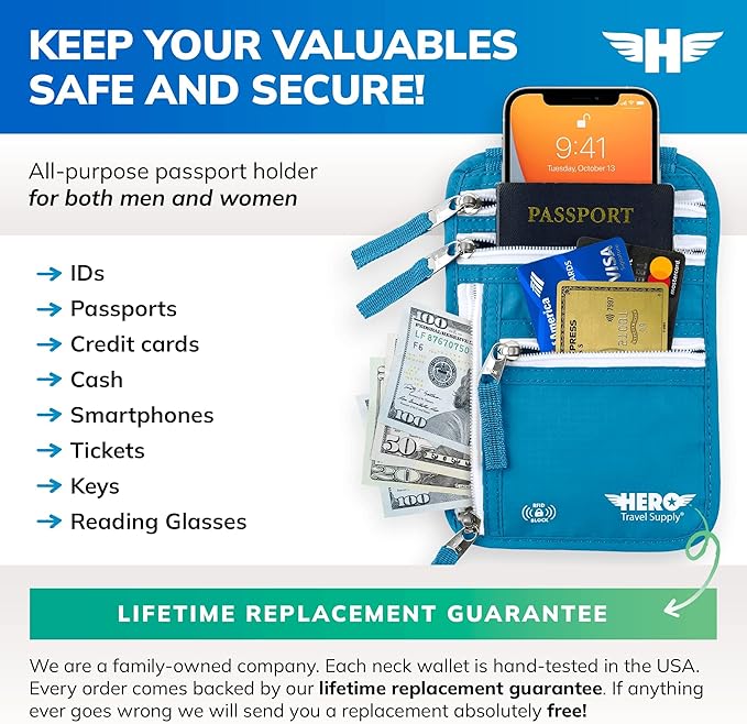 HERO Neck Wallet - RFID Blocking Passport Holder, Easy to Conceal Travel Puch (Aqua)