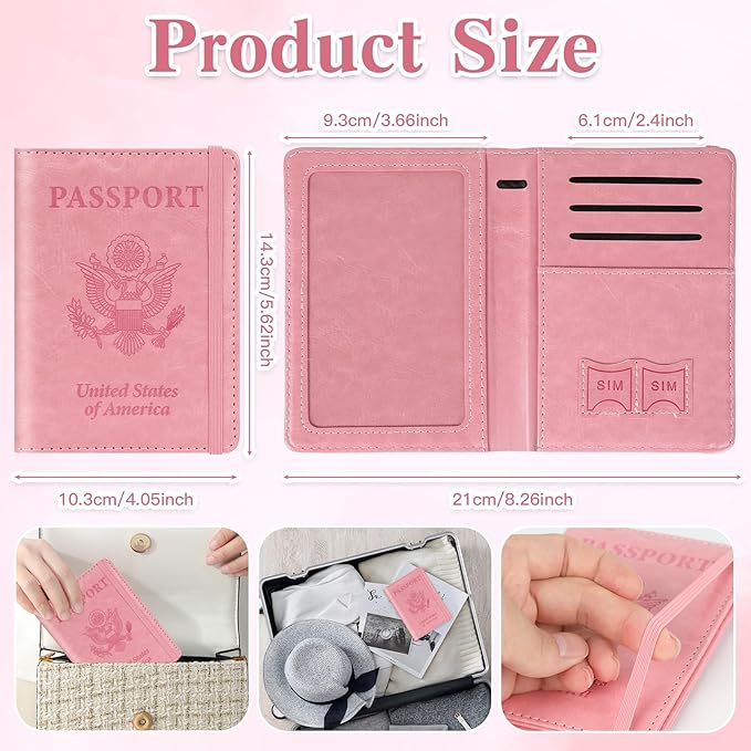 Passport Holder for Travel, RFID Blocking Passport Cover with Pen Holder Leather Passport Wallet Case Travel Must Haves Accessories Passport Book Card Holder for Family Travel Essentials Gifts, Pink