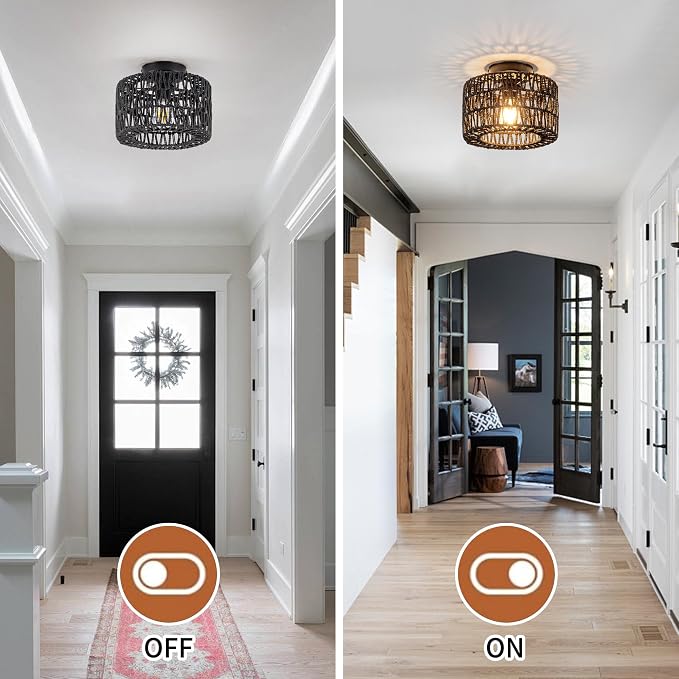Rpzloila Rattan Ceiling Light, 1 Light Farmhouse Woven Flush Mount Ceiling Light, Boho Light Fixture for Bedroom Living Room Hallway Entryway, Black Finish