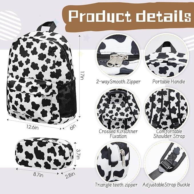 Redbaker 17 Inch 6 Pcs Kids Luggage Set Kids Rolling Luggage Double Pattern Suitcase for Boys Girls (Black and White, Cow Style)