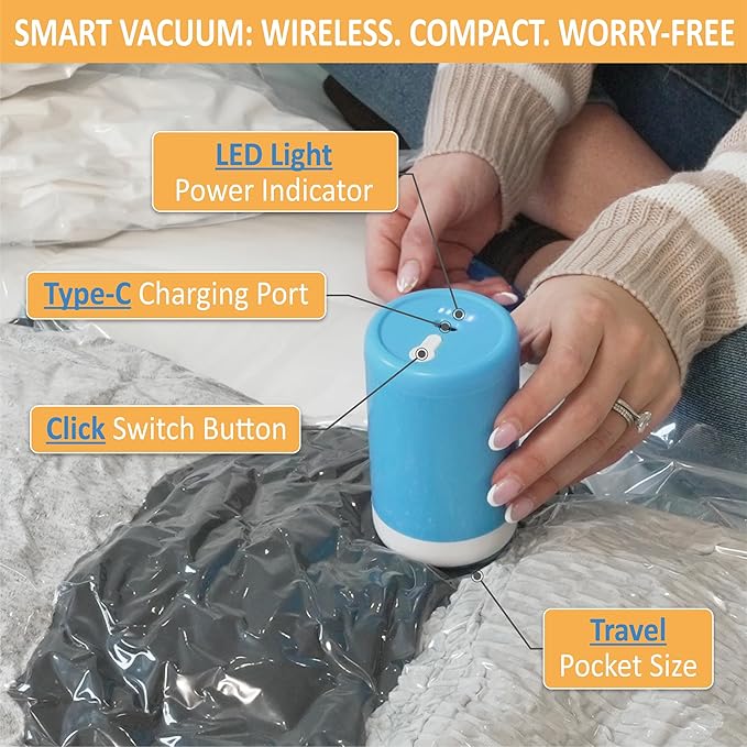 Cozy Essential Travel Vacuum Storage Bags with Rechargeable Cordless Electric Pump, Space Saver Bags for Luggage, Suitcase, Carry-On, for Clothes, Blankets, Comforters, Pillows, 22 Combo