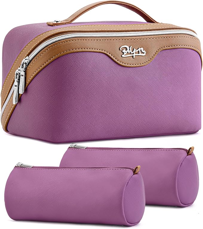 BOYATU Travel Makeup Bag Organizer Cosmetic Bag: 3 Pcs Set Make up Bags for Women with Handle - Waterproof Vegan Leather Toiletry Bags Travel Essentials Pouch with Compartments (A-05-Purple)