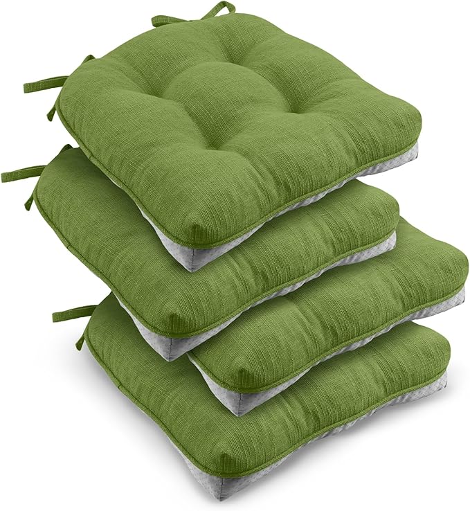 downluxe Indoor Chair Cushions for Dining Chairs, Tufted Overstuffed Textured Kitchen Chair Pads with Ties and Non-Slip Backing, 15.5" x 15.5" x 4", Grass Green, 4 Pack