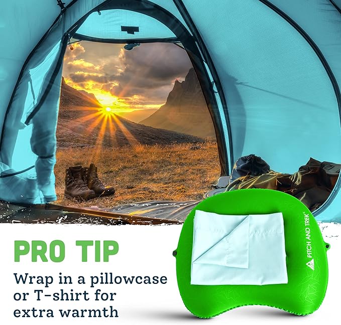 Pitch and Trek Camping Pillow with Removable Cover, Ultralight Portable Compact Inflatable Pillow for Neck Lumbar Support, Compressible Pillow for Hiking, Beach, Hammock, and Backpacking Gear