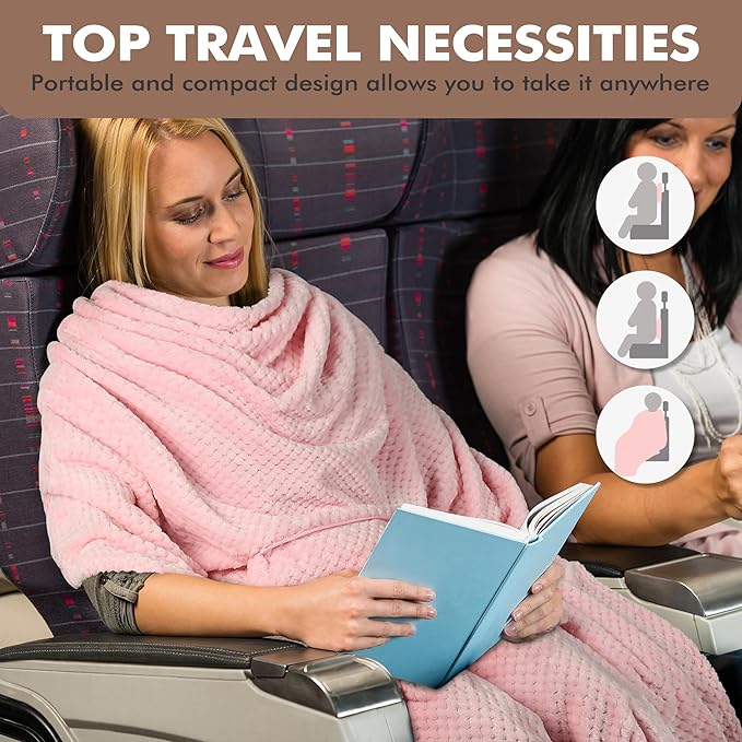 Tirrinia Travel Blanket and Pillow Set, Soft Compact Airplane Blanket with Foot Pockets, 4-in-1 Travel Essentials for Women Men, Portable Travel Gifts for Her, Travel Blanket for Airplanes, Cars