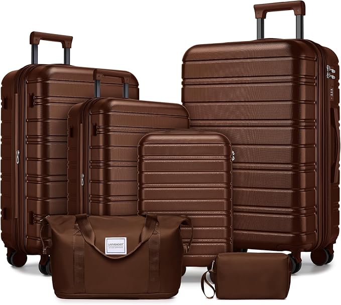 6 Piece Luggage Set Hard Shell - Mocha Expandable Suitcases with Spinner Wheels and Duffel Bags for Family Travel, Durable Carry On Luggage Sets with Lock for Women and Men