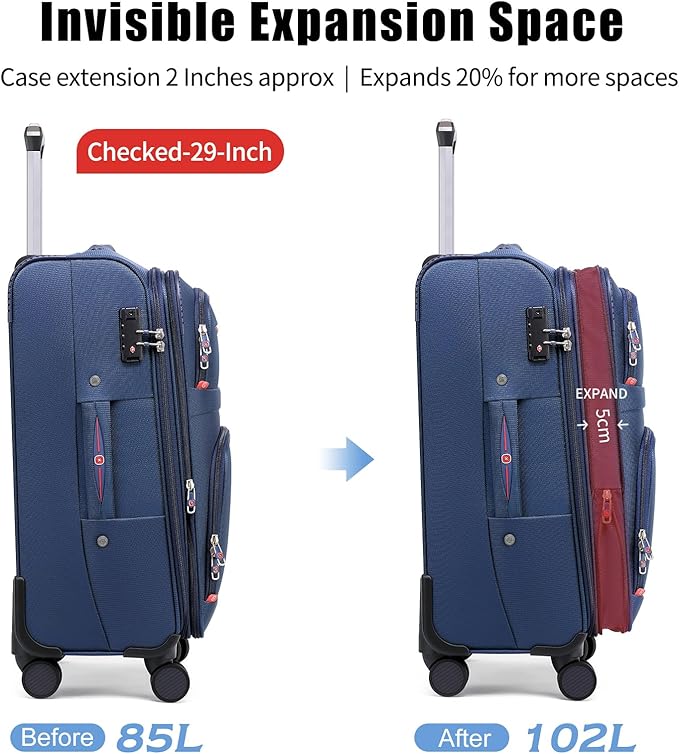 Softside Expandable Luggage with 4 Spinner Wheels, Durable Checked-Luggage Suitcase (Blue, 29-Inch)