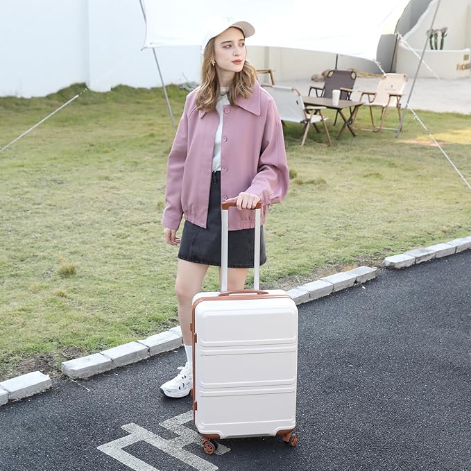 Kono 24 Inch Luggage Suitcase with Spinner Wheels TSA Lock Lightweight PC+ABS Hardside Medium Checked Luggage Durable Rolling Suitcase Cream White