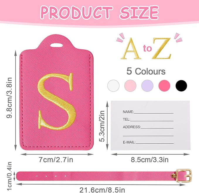 Personalized Initial Luggage Tags for Suitcases, Cute PU Leather Embroidered Letter Travel Luggage Tags, Suitcase Identifier Name Baggage Tag, Bag Tags for Men Women Kids Luggage Handbags(Rosered S)