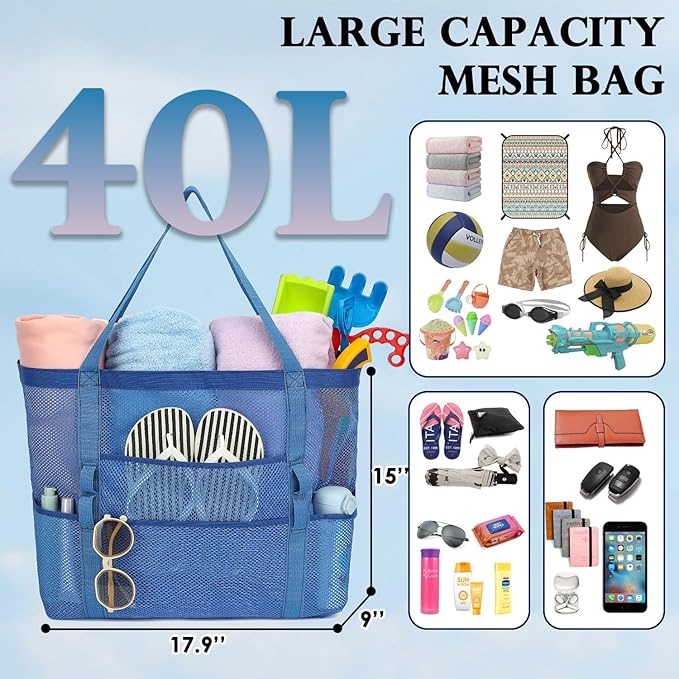 Fammart Mesh Beach Bag, Large Beach Tote with Zipper Pocket, Toys Pool Bag for Family Travel Vacation Cruise Essentials
