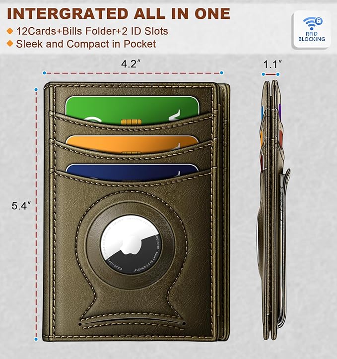BULLIANT Men Airtag Wallet,Slim Wallet Money Clip Card Holder Magnetic Closure 12 Cards in Front Pocket RFID Blocking