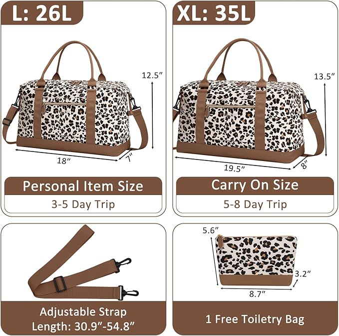 Travel Duffle Bag for Women, Weekender Bags, Hospital Bag for Labor Delivery, Lightweight Tote Duffel Overnight Bag with Luggage Sleeve, Airplane Travel Bags with Toiletry Bag,Large,Leopard
