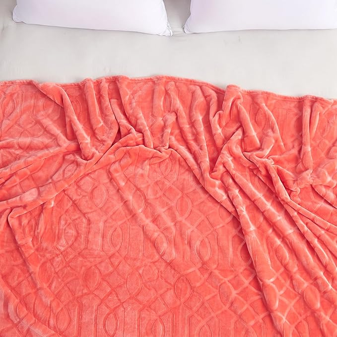 Soft Cozy Fleece Twin Blanket, 60x80 Inches – Lightweight Plush Blanket for Couch, Fuzzy 3D Jacquard Design, for Sofa, Bed & Travel - Coral